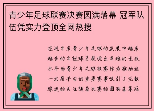 青少年足球联赛决赛圆满落幕 冠军队伍凭实力登顶全网热搜